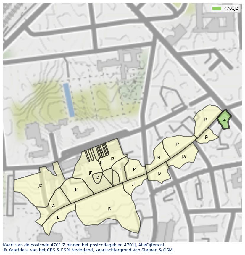 Afbeelding van het postcodegebied 4701 JZ op de kaart.