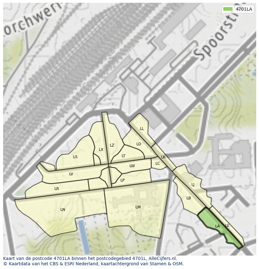 Afbeelding van het postcodegebied 4701 LA op de kaart.