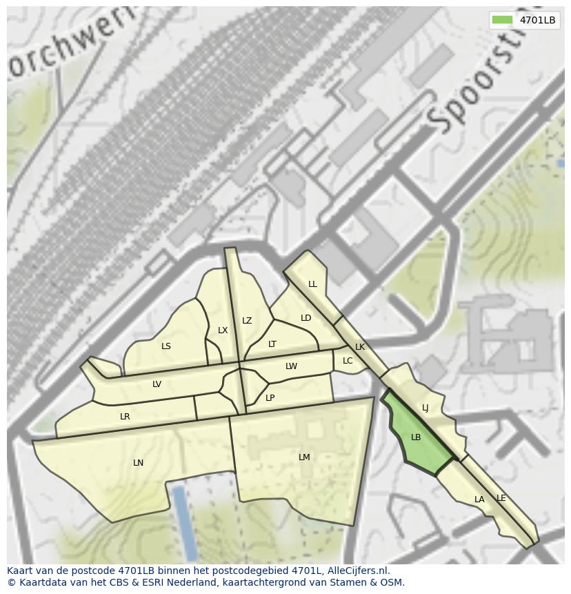 Afbeelding van het postcodegebied 4701 LB op de kaart.