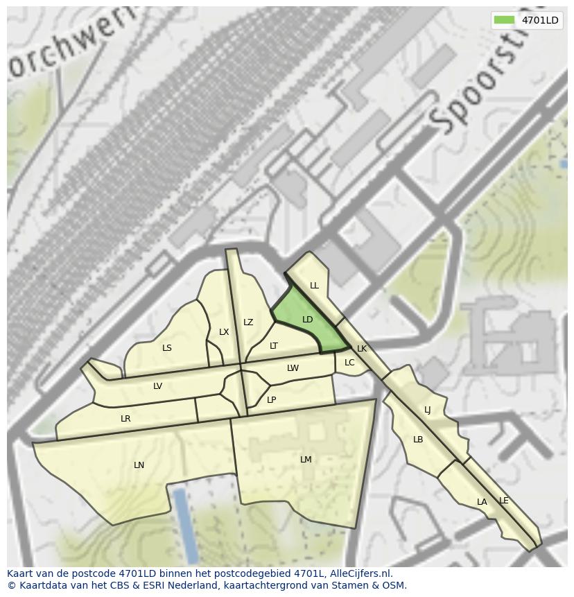 Afbeelding van het postcodegebied 4701 LD op de kaart.