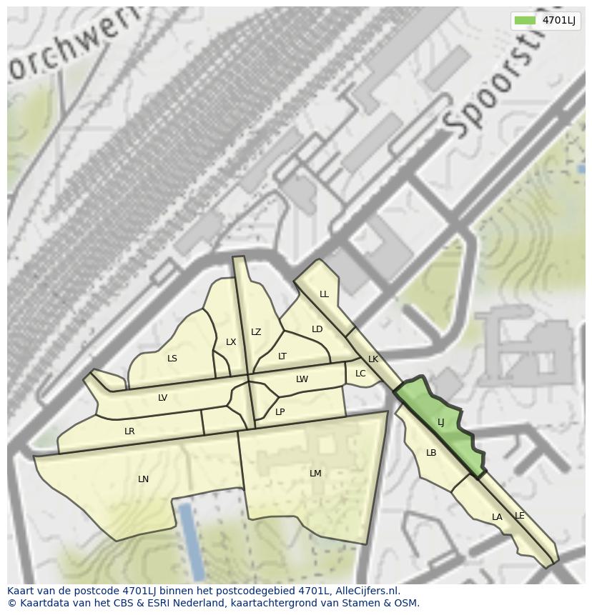 Afbeelding van het postcodegebied 4701 LJ op de kaart.
