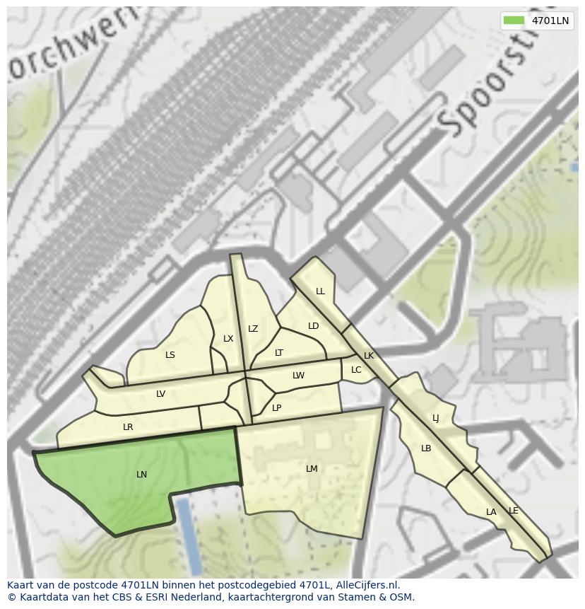 Afbeelding van het postcodegebied 4701 LN op de kaart.