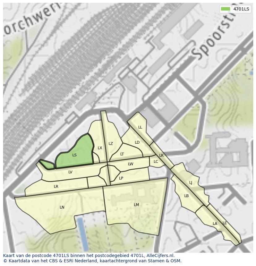 Afbeelding van het postcodegebied 4701 LS op de kaart.