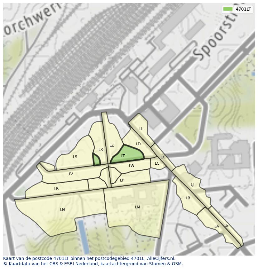 Afbeelding van het postcodegebied 4701 LT op de kaart.