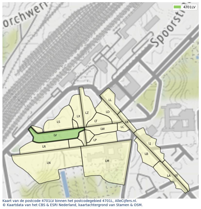 Afbeelding van het postcodegebied 4701 LV op de kaart.