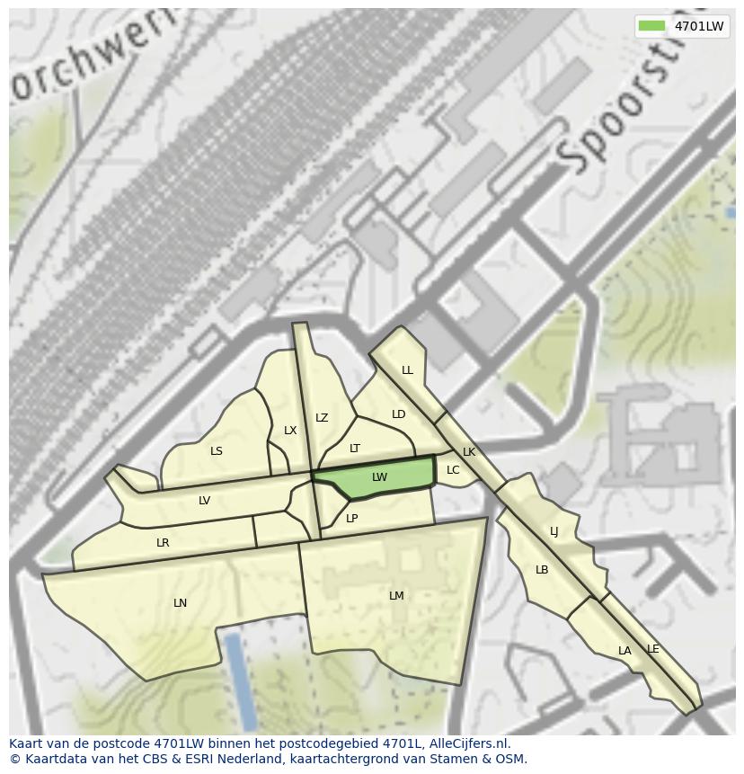 Afbeelding van het postcodegebied 4701 LW op de kaart.