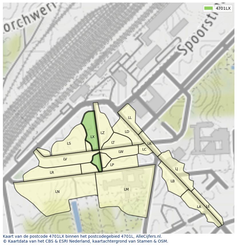 Afbeelding van het postcodegebied 4701 LX op de kaart.