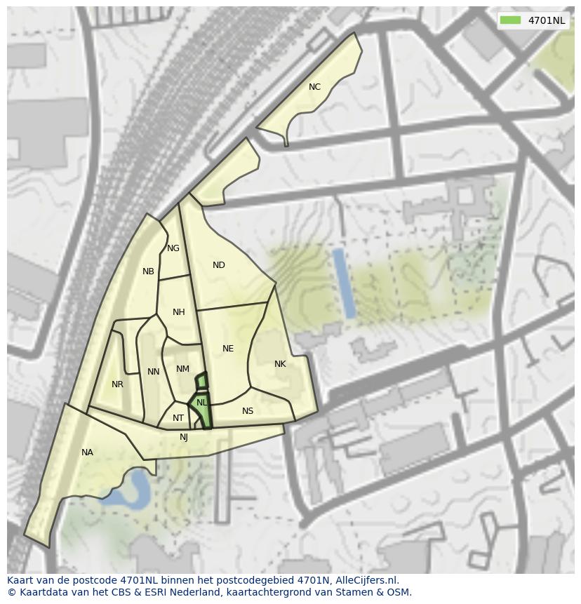 Afbeelding van het postcodegebied 4701 NL op de kaart.