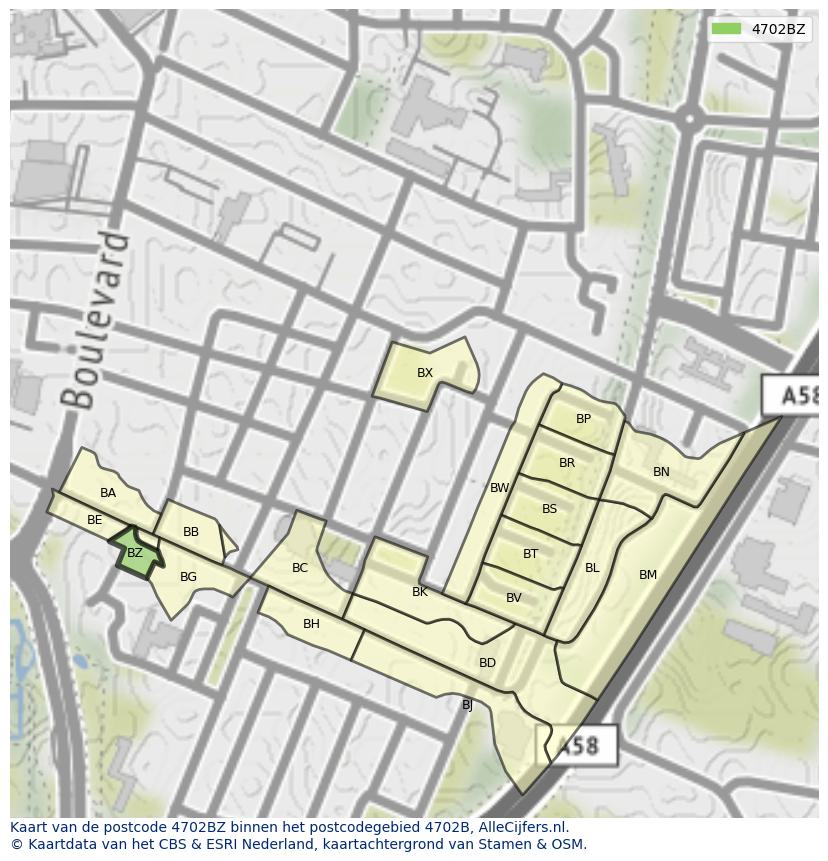 Afbeelding van het postcodegebied 4702 BZ op de kaart.