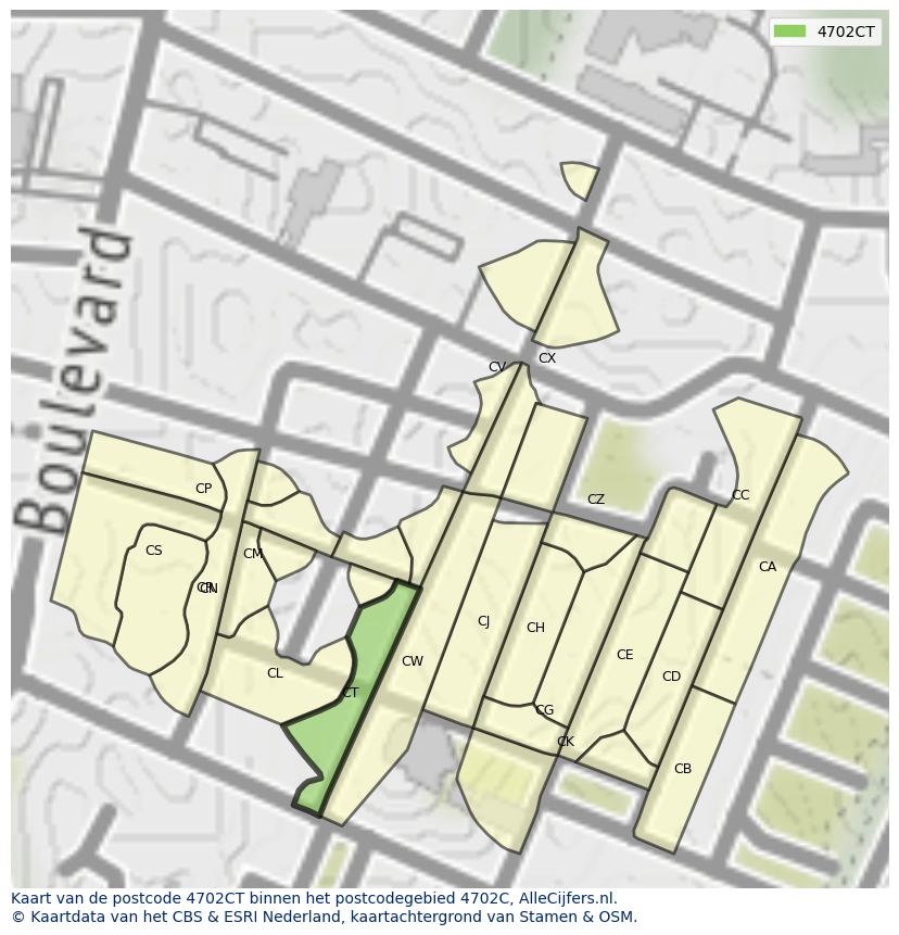 Afbeelding van het postcodegebied 4702 CT op de kaart.