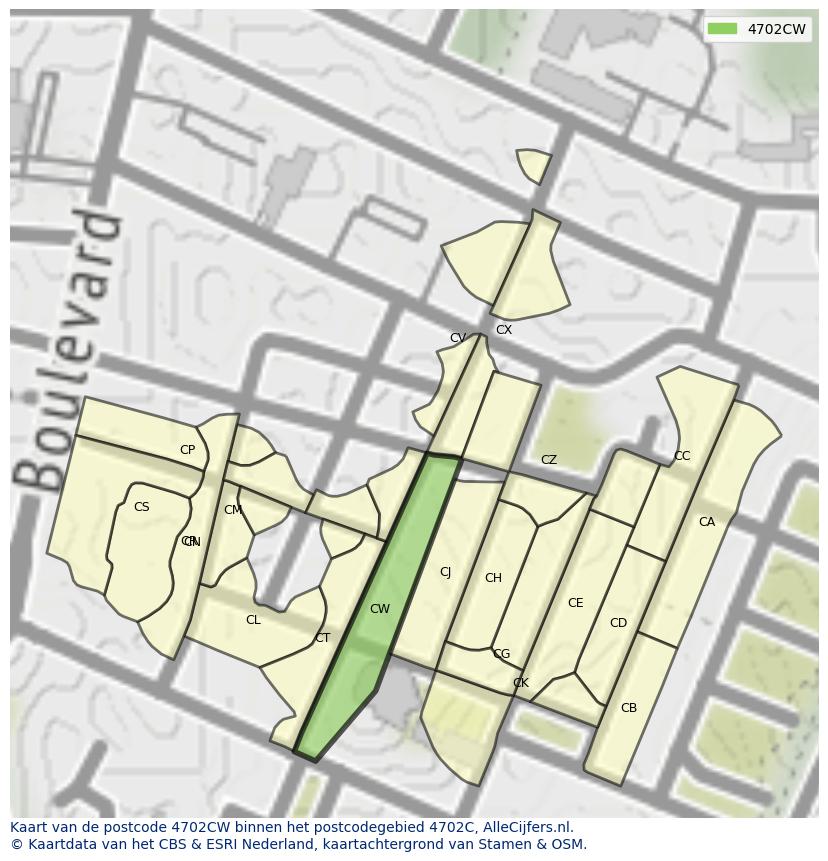 Afbeelding van het postcodegebied 4702 CW op de kaart.
