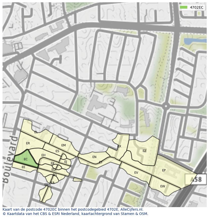 Afbeelding van het postcodegebied 4702 EC op de kaart.