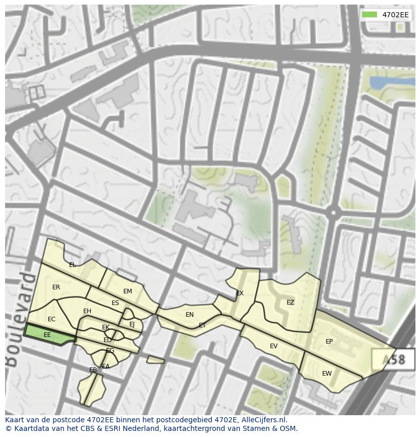 Afbeelding van het postcodegebied 4702 EE op de kaart.