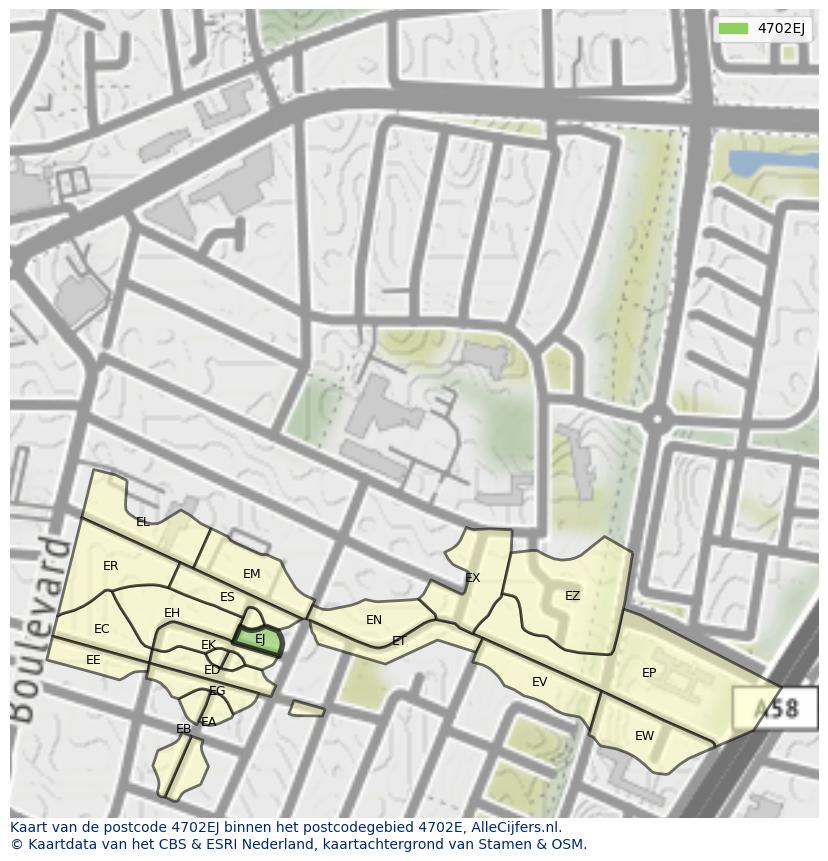 Afbeelding van het postcodegebied 4702 EJ op de kaart.