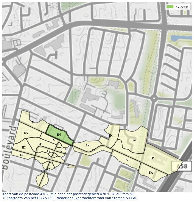 Afbeelding van het postcodegebied 4702 EM op de kaart.