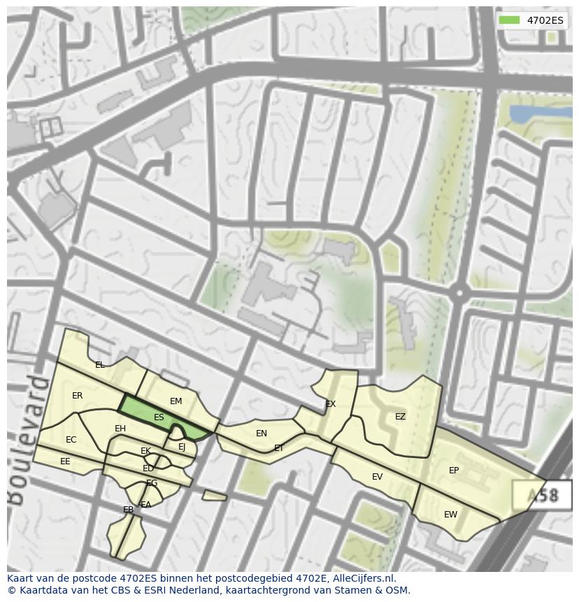 Afbeelding van het postcodegebied 4702 ES op de kaart.