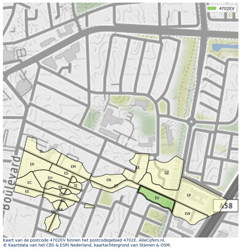 Afbeelding van het postcodegebied 4702 EV op de kaart.