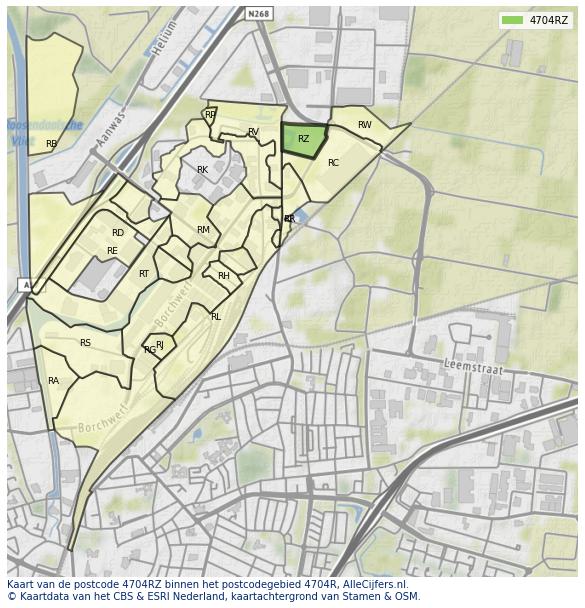 Afbeelding van het postcodegebied 4704 RZ op de kaart.