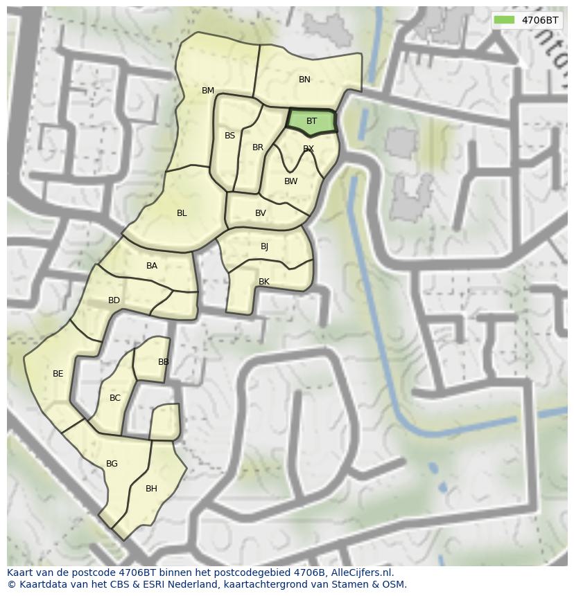 Afbeelding van het postcodegebied 4706 BT op de kaart.