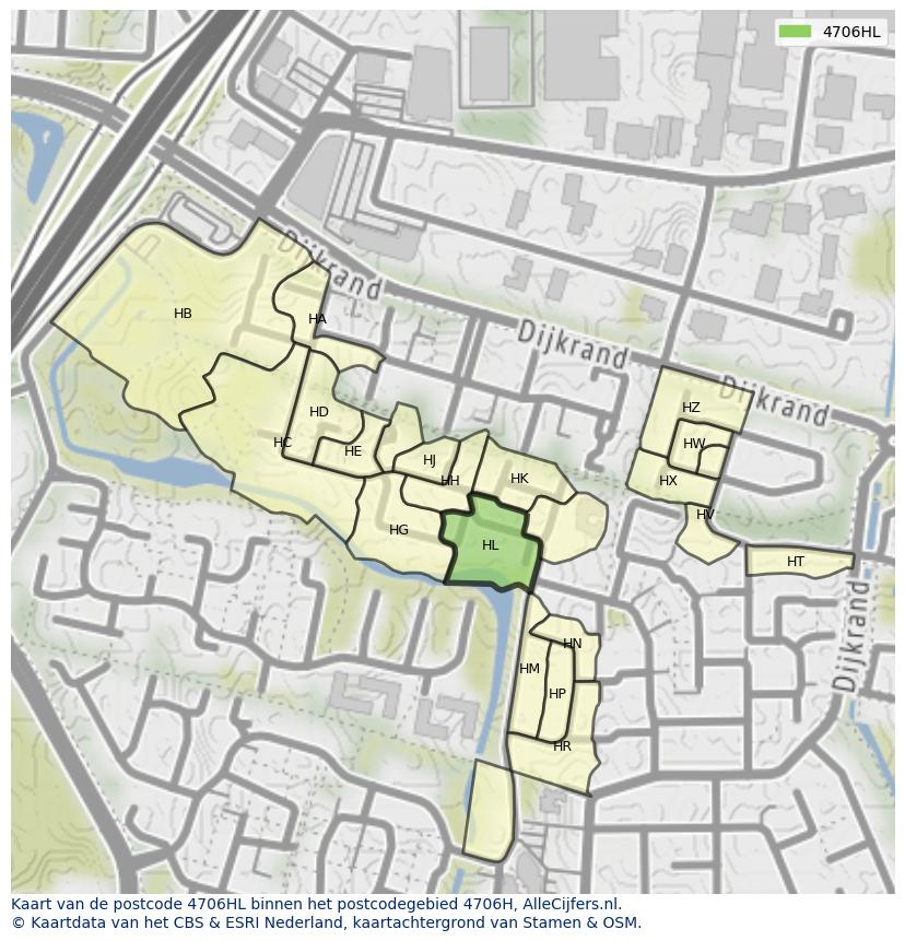 Afbeelding van het postcodegebied 4706 HL op de kaart.