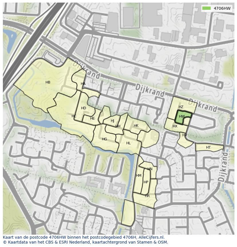 Afbeelding van het postcodegebied 4706 HW op de kaart.