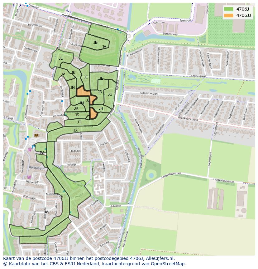 Afbeelding van het postcodegebied 4706 JJ op de kaart.