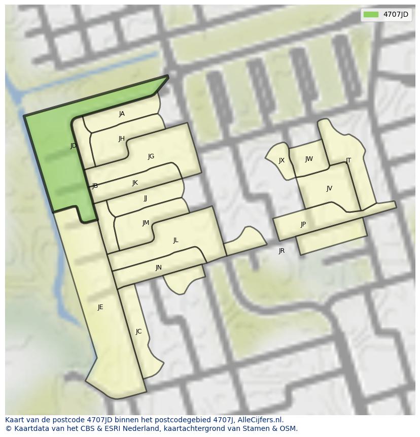 Afbeelding van het postcodegebied 4707 JD op de kaart.