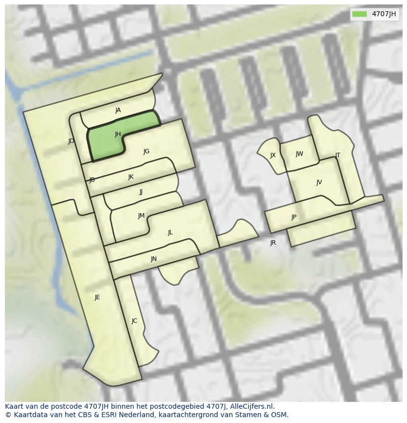 Afbeelding van het postcodegebied 4707 JH op de kaart.