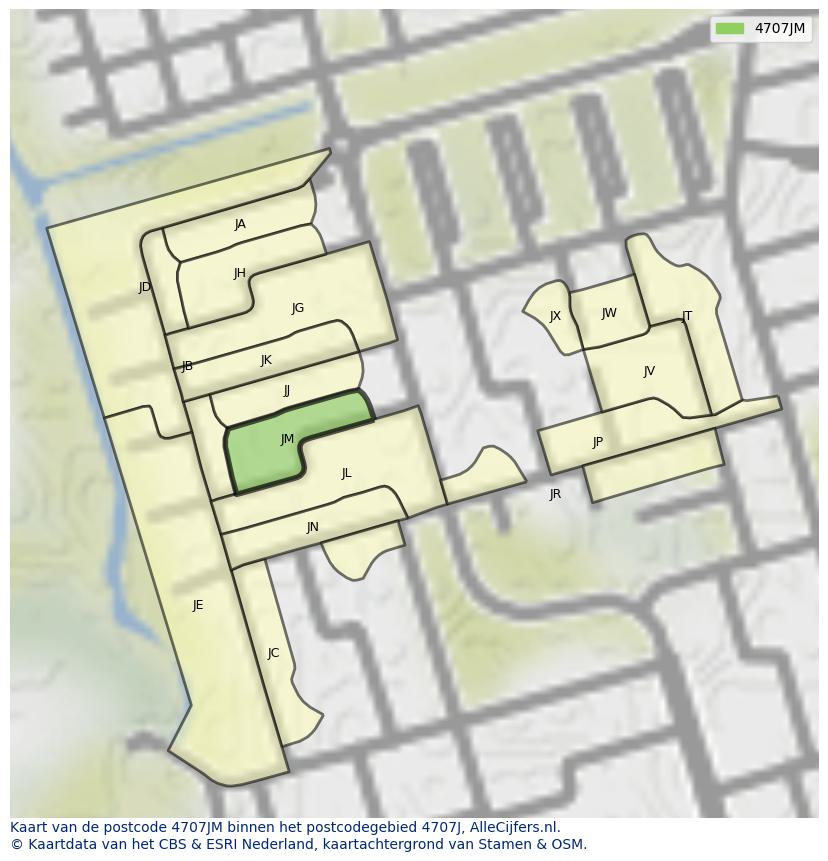 Afbeelding van het postcodegebied 4707 JM op de kaart.