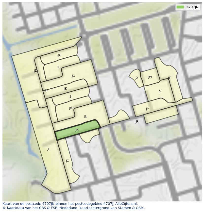 Afbeelding van het postcodegebied 4707 JN op de kaart.