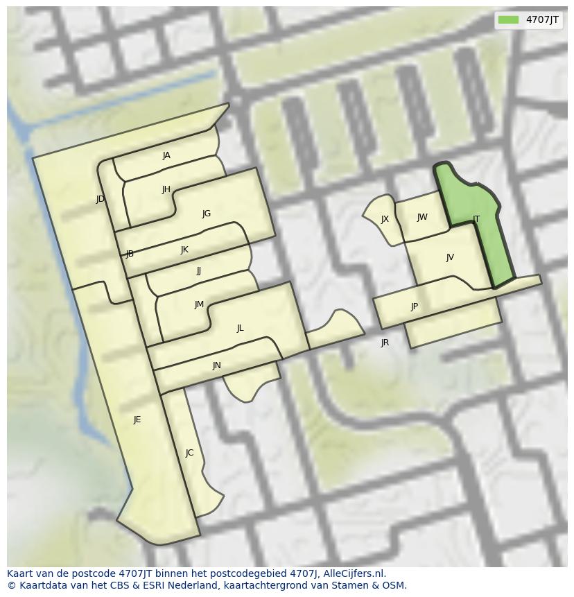 Afbeelding van het postcodegebied 4707 JT op de kaart.