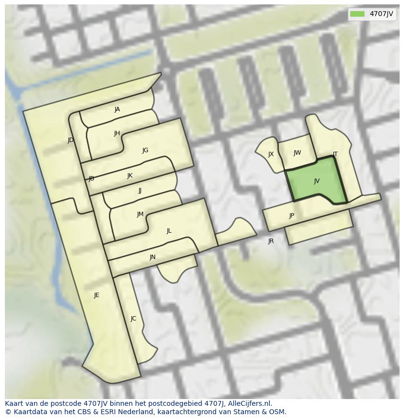 Afbeelding van het postcodegebied 4707 JV op de kaart.