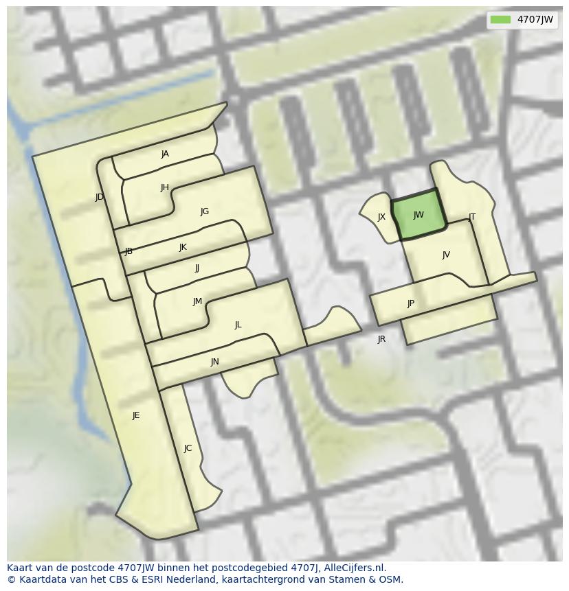 Afbeelding van het postcodegebied 4707 JW op de kaart.