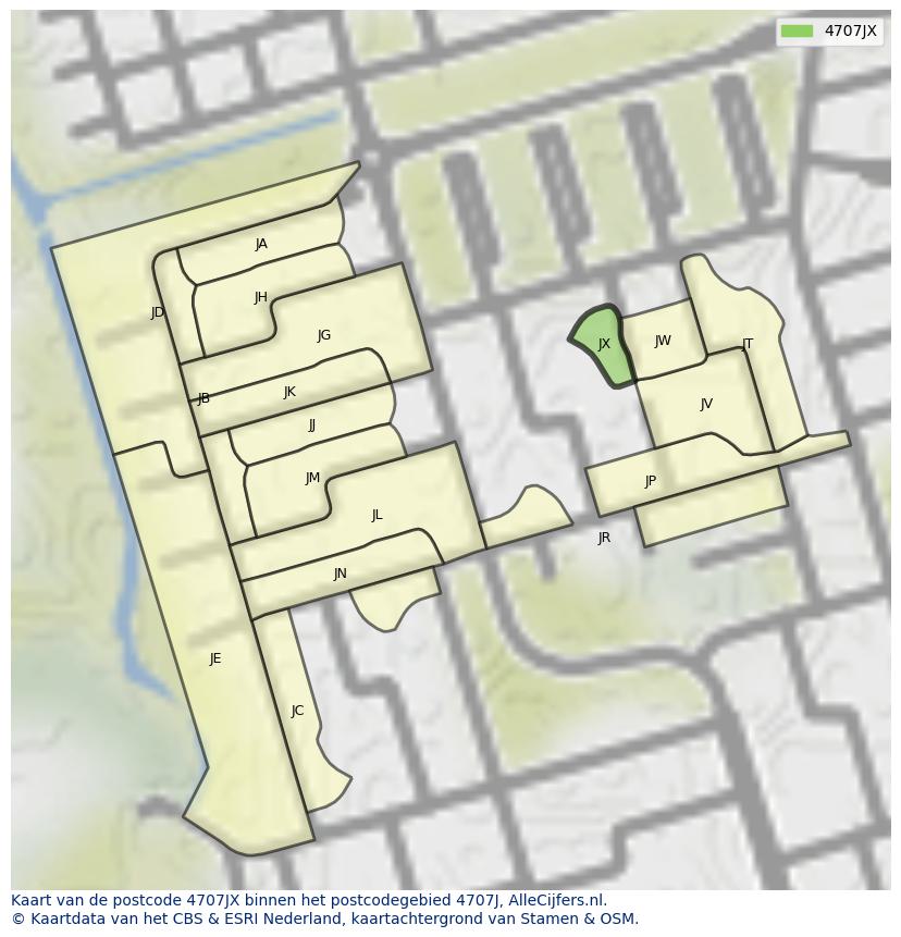 Afbeelding van het postcodegebied 4707 JX op de kaart.