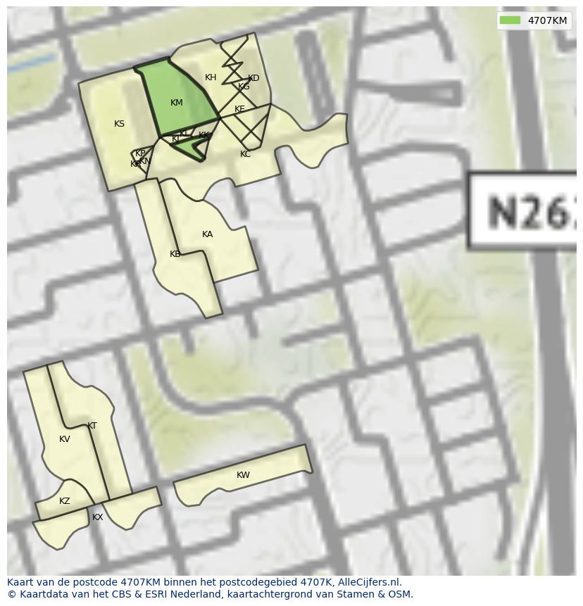 Afbeelding van het postcodegebied 4707 KM op de kaart.
