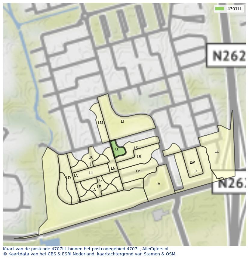 Afbeelding van het postcodegebied 4707 LL op de kaart.