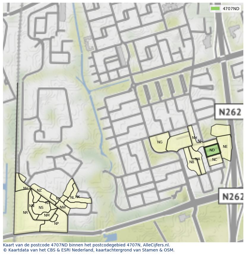 Afbeelding van het postcodegebied 4707 ND op de kaart.