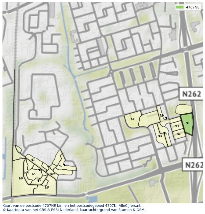 Afbeelding van het postcodegebied 4707 NE op de kaart.