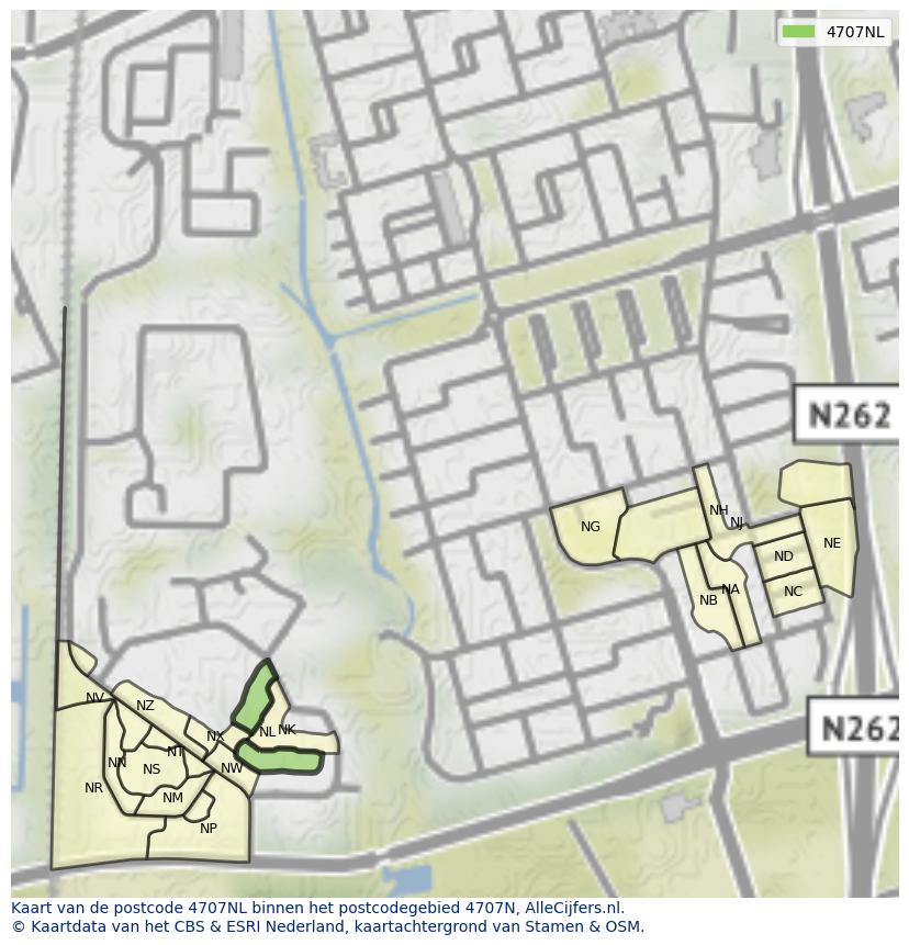 Afbeelding van het postcodegebied 4707 NL op de kaart.