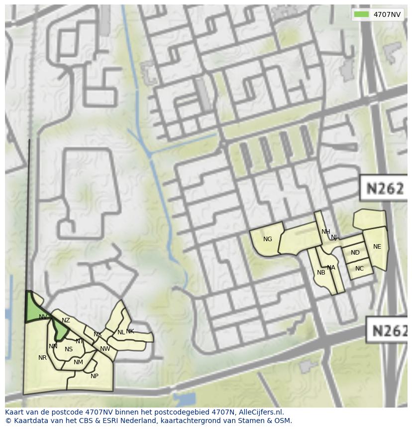 Afbeelding van het postcodegebied 4707 NV op de kaart.