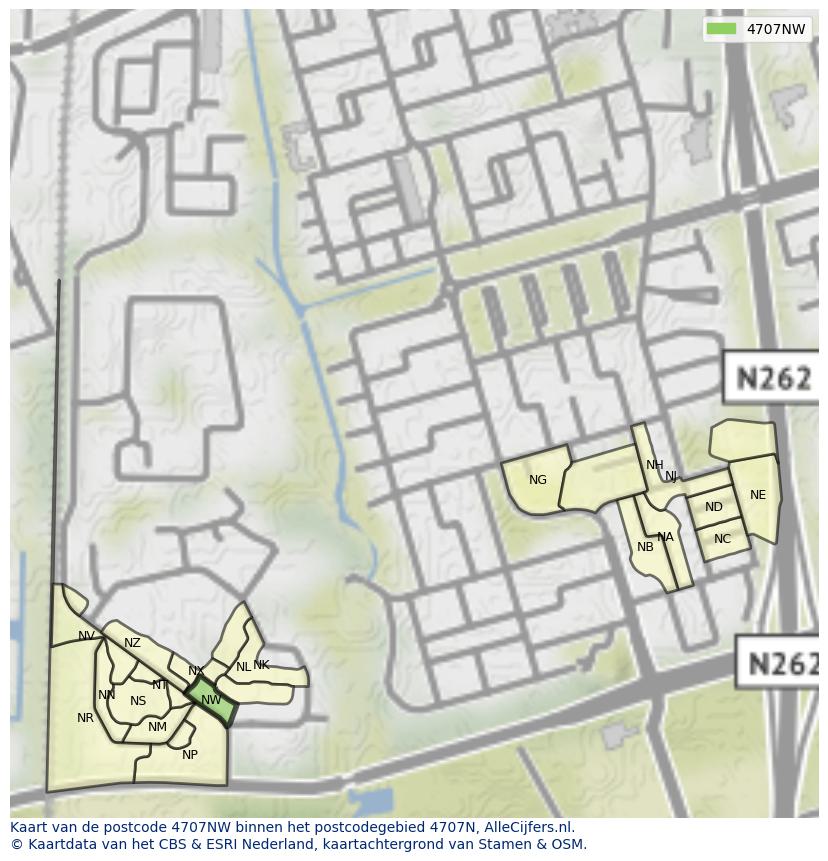 Afbeelding van het postcodegebied 4707 NW op de kaart.