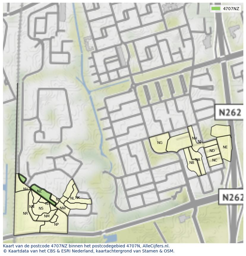 Afbeelding van het postcodegebied 4707 NZ op de kaart.