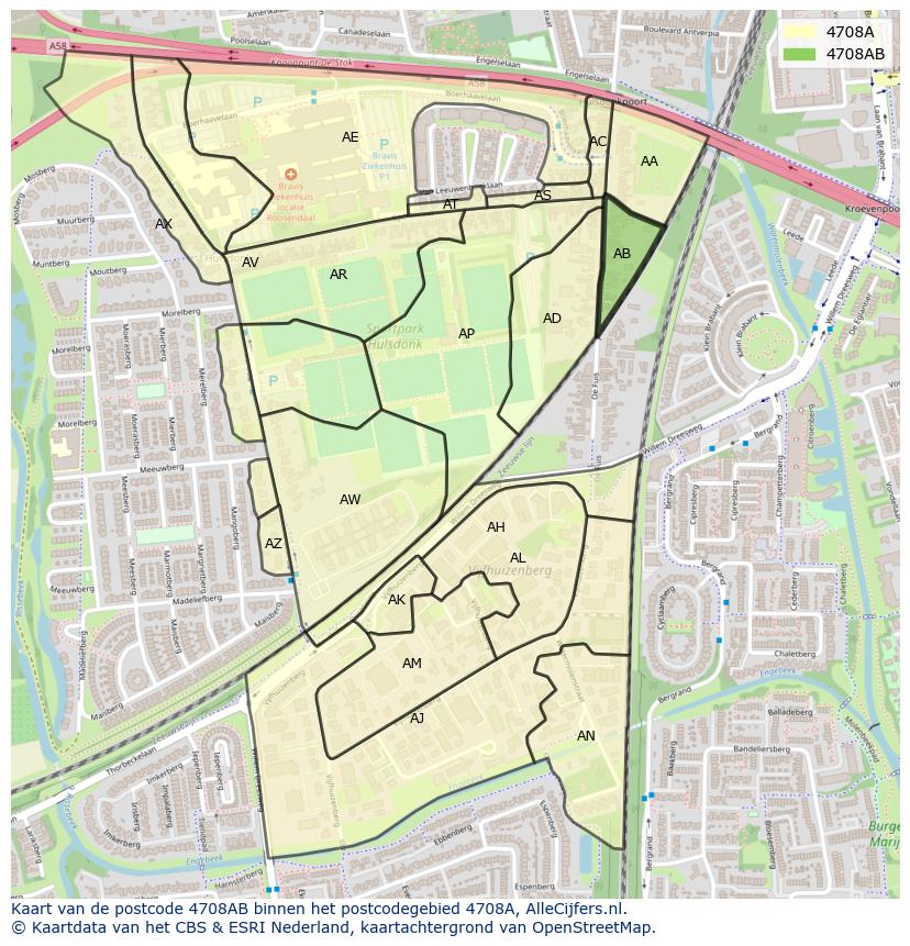 Afbeelding van het postcodegebied 4708 AB op de kaart.