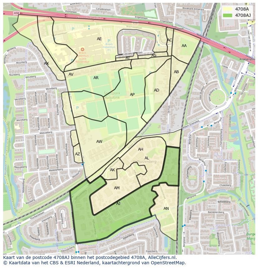 Afbeelding van het postcodegebied 4708 AJ op de kaart.