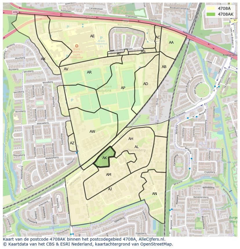 Afbeelding van het postcodegebied 4708 AK op de kaart.