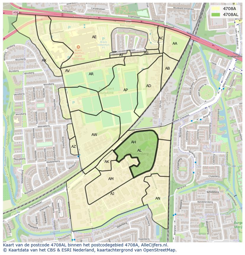 Afbeelding van het postcodegebied 4708 AL op de kaart.
