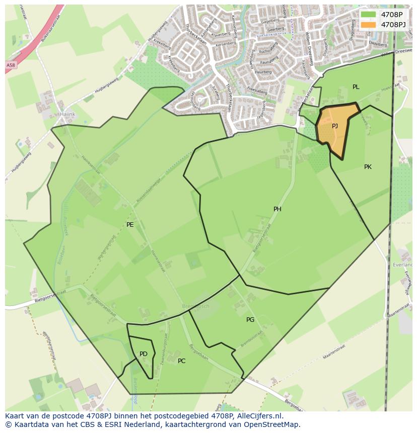 Afbeelding van het postcodegebied 4708 PJ op de kaart.