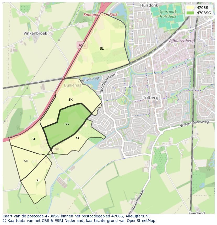 Afbeelding van het postcodegebied 4708 SG op de kaart.