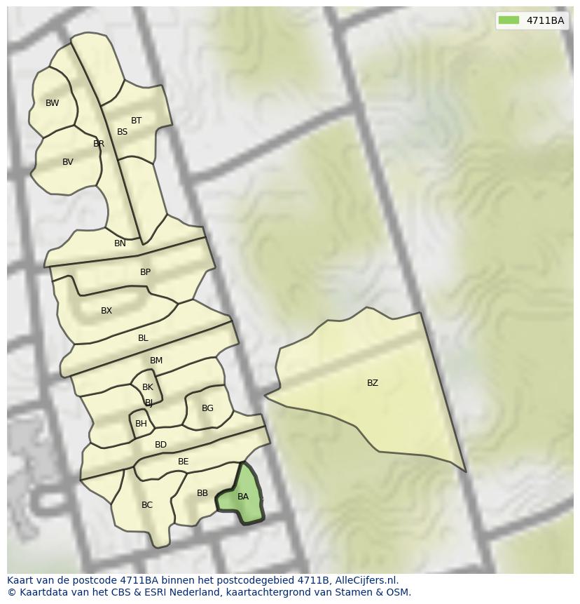 Afbeelding van het postcodegebied 4711 BA op de kaart.