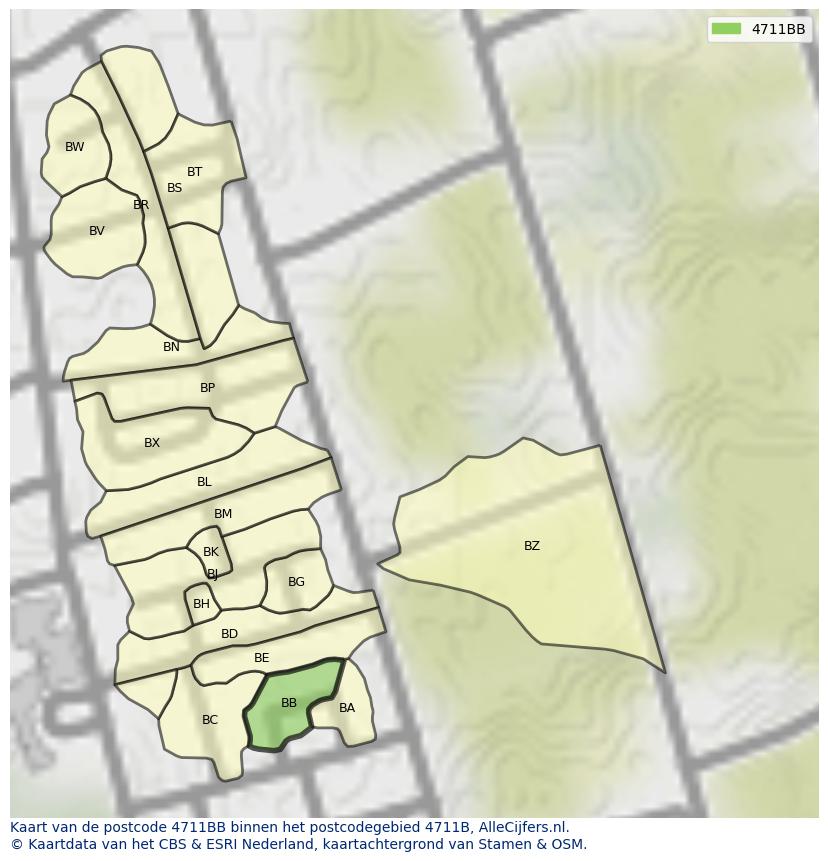 Afbeelding van het postcodegebied 4711 BB op de kaart.
